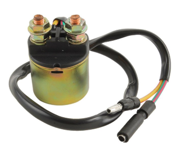 Starter relay with wiring harness for Honda TRX ATV; black top and gold-tone metal can.