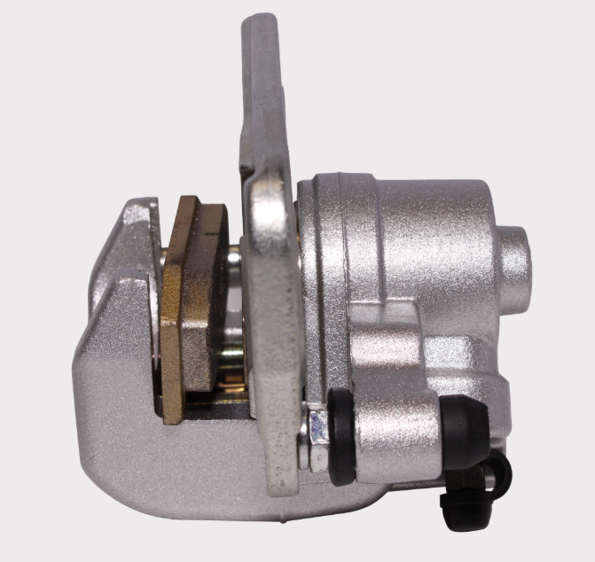 Brake caliper for Can Am Maverick rear right OEM replacement, ATV City, silver metal body with gold-toned pad hardware.