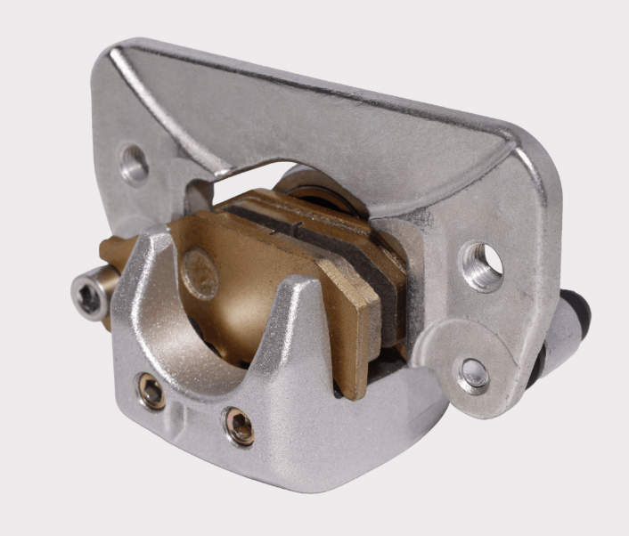 Brake caliper for Can-Am Maverick rear right OEM replacement by ATV City, silver metal with gold brake pad hardware