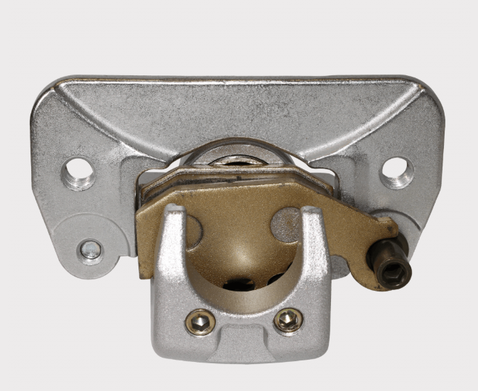 Rear left brake caliper for Can-Am Maverick, OEM 705601089; silver body with gold-toned mounting bracket