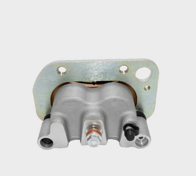 Brake caliper assembly with mounting bracket, gray metal finish and hardware.