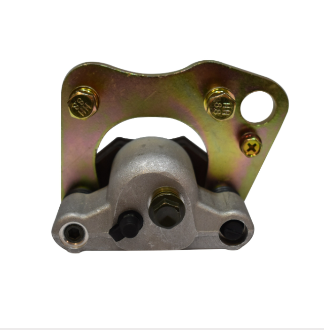 Polaris front left brake caliper with silver body and gold mounting bracket for ATVs by ATV City aftermarket replacement