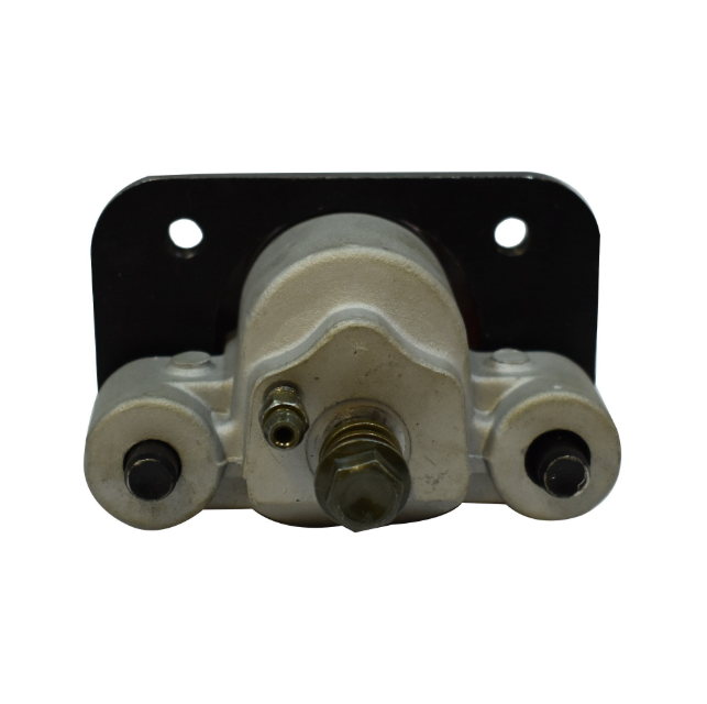 Front right brake caliper with black mounting plate, silver body