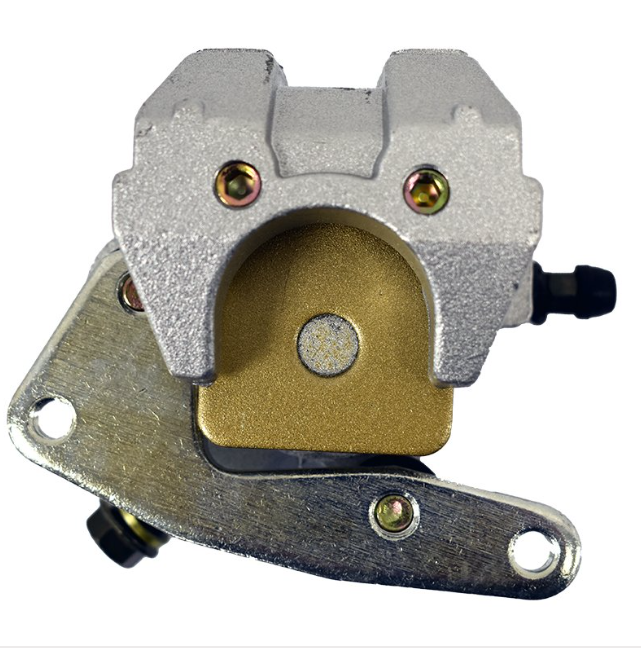 Front left brake caliper by ATv City, silver body with gold-toned inner pad housing and mounting bracket