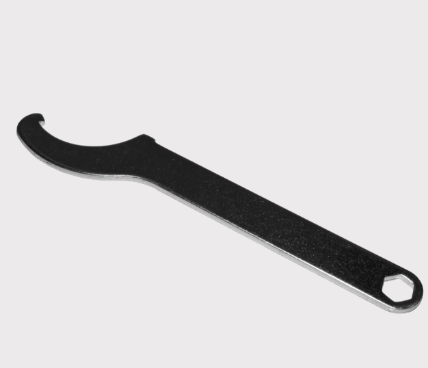 Front shock absorber adjustment wrench by Hyper, black metal with curved hook end
