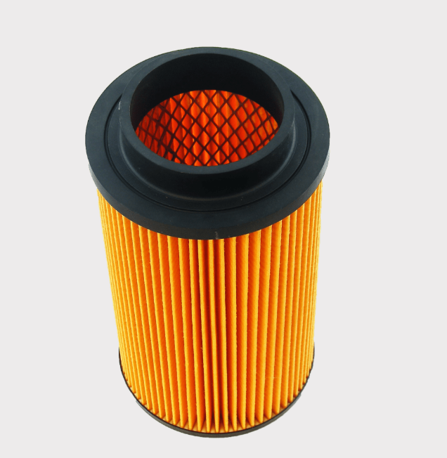 Air filter element with orange pleated media and black rubber end caps
