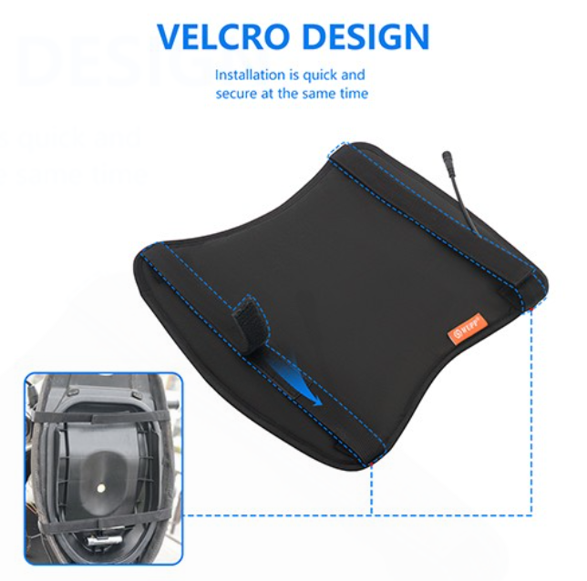 ATV City heated seat cover for ATVs/UTVs, 12V, 3 heat settings, black with blue stitching, Velcro design