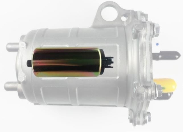 Fuel pump assembly with silver metal housing and yellow connector.