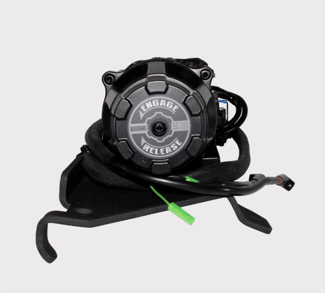 KFI ASPR-50 winch with 5000 lb rating, synthetic rope, mounted on a black winch plate for Polaris Ranger