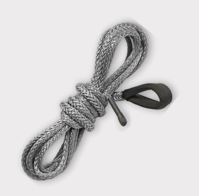 KFI synthetic winch rope coil, gray braided cable with black loop strap