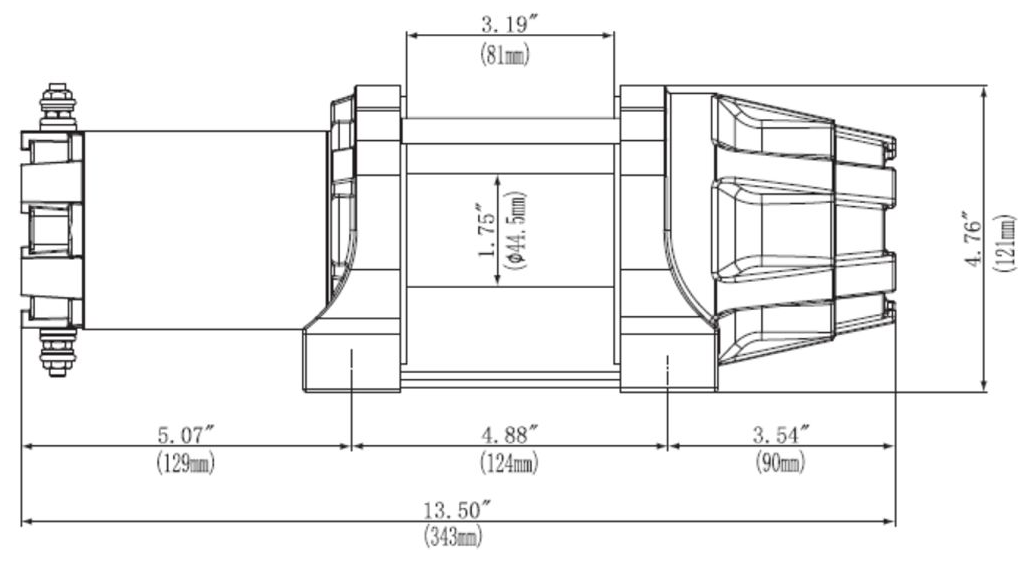 KFI AS-25 Assault Series 2500lb synthetic cable winch, 12V handlebar switch — side dimension diagram