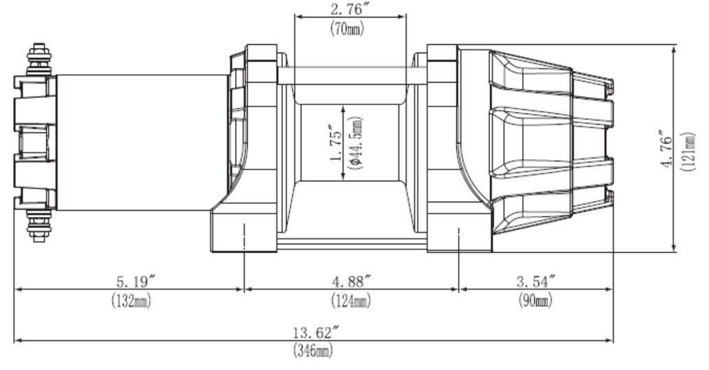 KFI AM-35 Assault Series 3500lb steel cable winch with 12V switch and corded remote — line drawing.