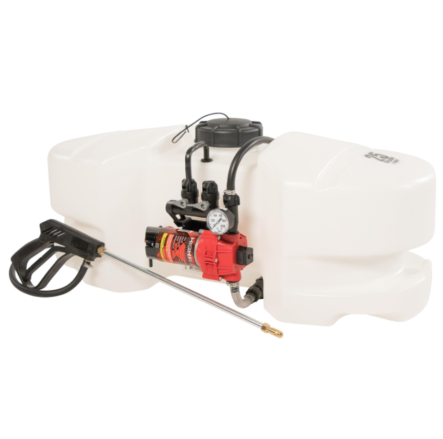 Fimco LG-25-HV 25 gal white ATV spot sprayer with red pump and deluxe pistol grip wand