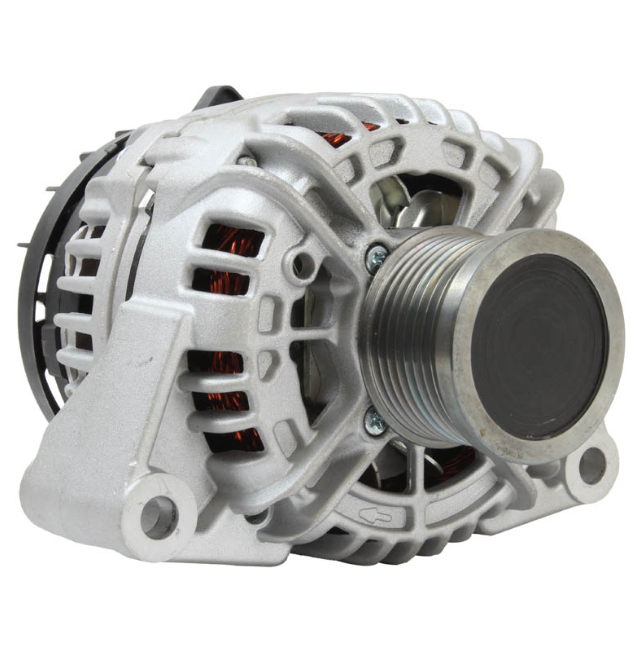 Alternator with silver aluminum housing and front pulley
