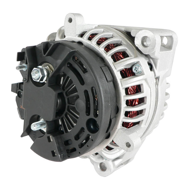 Alternator, DGT Agri, 12V 150A, silver body with black front mount and copper windings visible
