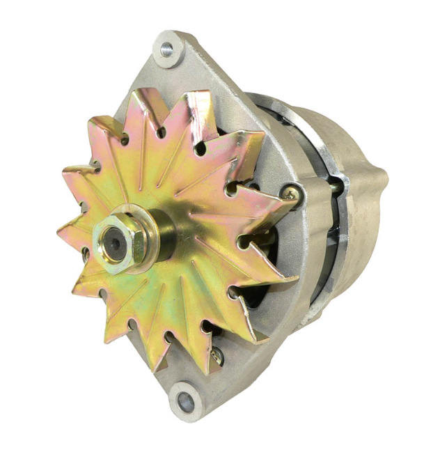 Alternator with gold-toned star pulley and silver housing; 12V 120A for John Deere combines & Case IH sprayers.