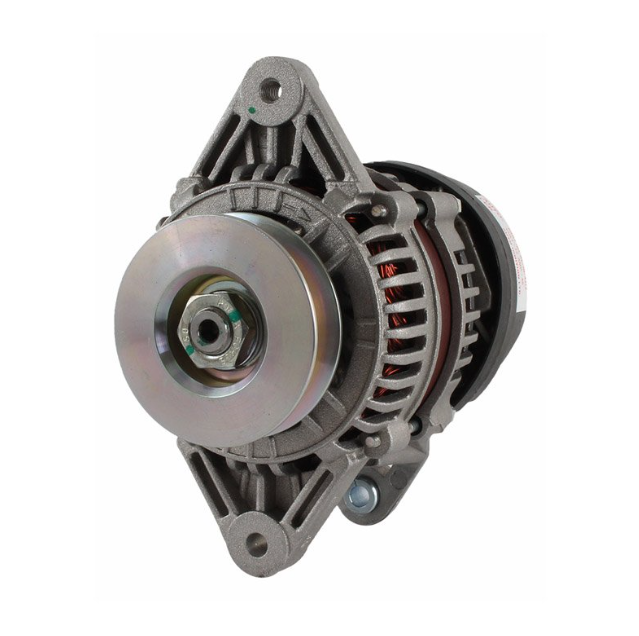 Alternator with silver metal housing and front pulley, mounting bracket visible.