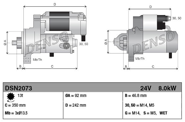 Denso gear-reduction tractor starter motor, 24V, 8.0kW, 13-tooth