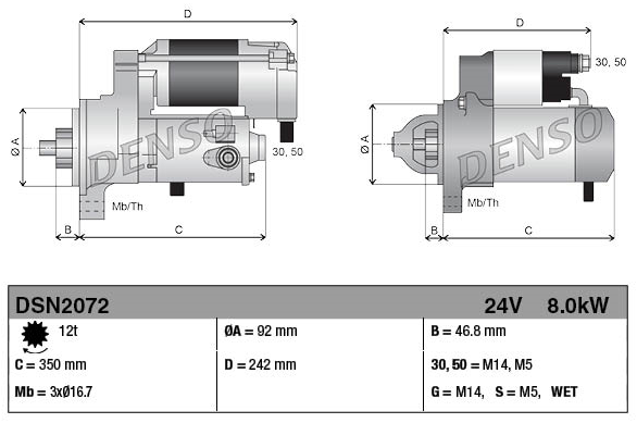 Denso tractor starter motor, 24V 8.0kW, 12-tooth for Caterpillar