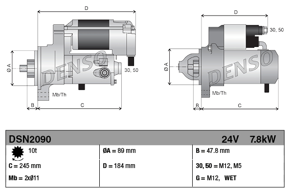 Gear reduction starter motor by Denso, 24V, 7.8kW, 10-tooth, for Cummins engines