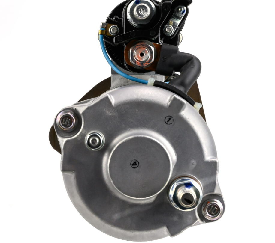 Denso gear reduction tractor starter motor with silver metal housing, 12V, 5.0kW, 13-tooth.