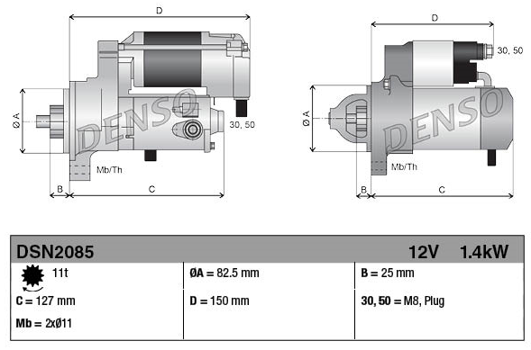 Denso gear-reduction tractor starter motor, 12V 1.4kW, 11-tooth, Kubota compatible