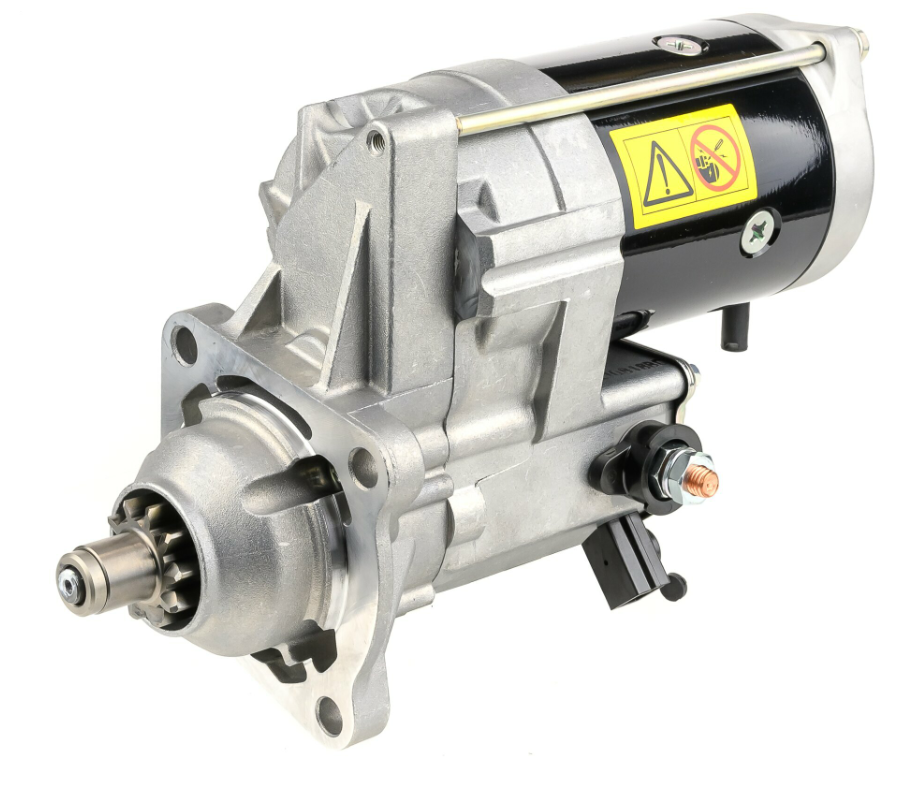 Denso gear-reduction tractor starter motor, 24V, black and silver housing