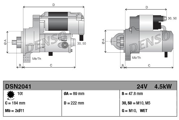 Denso gear-reduction starter motor for tractors, two schematic views with dimensions and watermark.