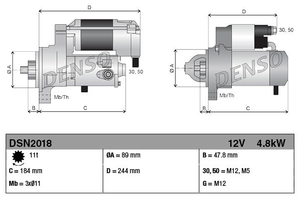 Denso gear reduction tractor starter motor, 12V 4.8kW for John Deere 6068, shown in two views.