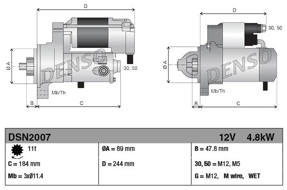 Denso gear-reduction tractor starter motor, 12V, 4.8kW; two view diagrams for John Deere RE504244
