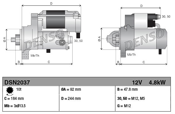 Gear-reduction tractor starter motor by Denso, 12V 4.8kW, International