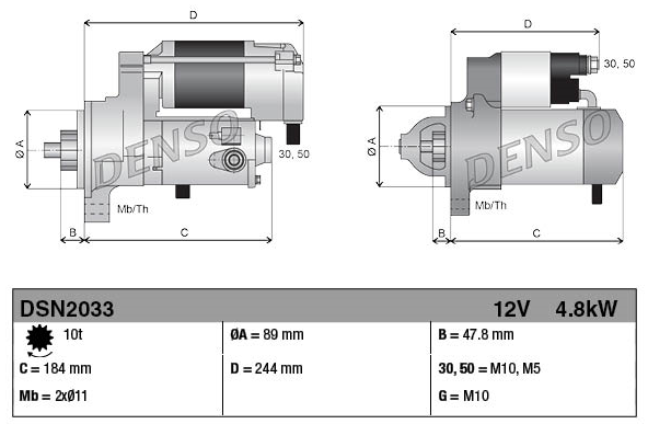 Denso DSN2033 gear-reduction tractor starter motor, 12V 4.8kW for Cummins, two views