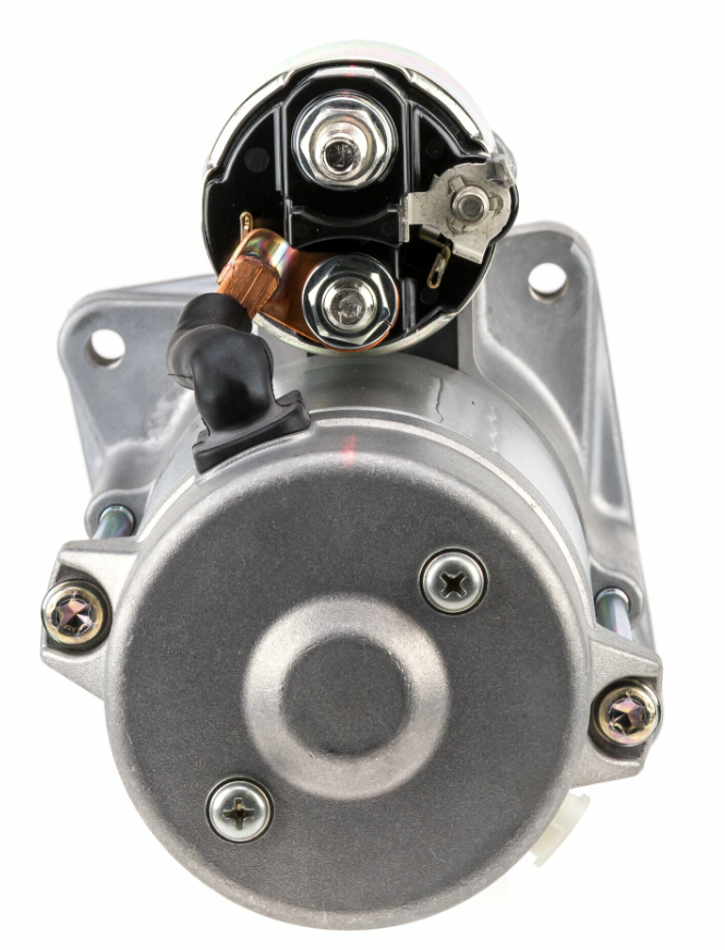 Denso gear-reduction starter motor with metallic gray housing, 12V 2.0kW for Fiat Ducato.