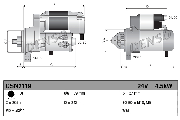 Denso 24V 4.5kW starter motor for Case IH 521D and New Holland W110 machines.