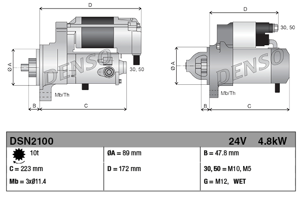 Starter motor, Denso, 24V 4.8kW; gray metal finish, shown in two views.