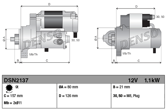 Denso starter motor, 12V for Yanmar 3TNV engine; two-view technical schematic with labeled dimensions.