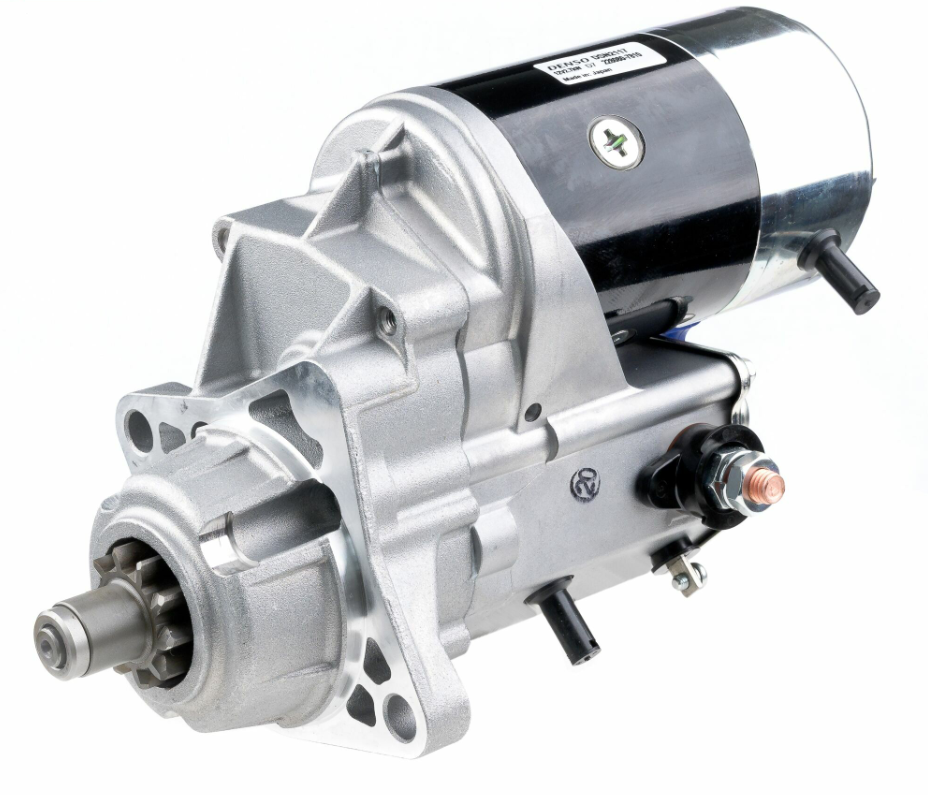 Denso starter motor, 12V 2.7kW for Hyster/Yale forklifts with metal housing and mounting flange.