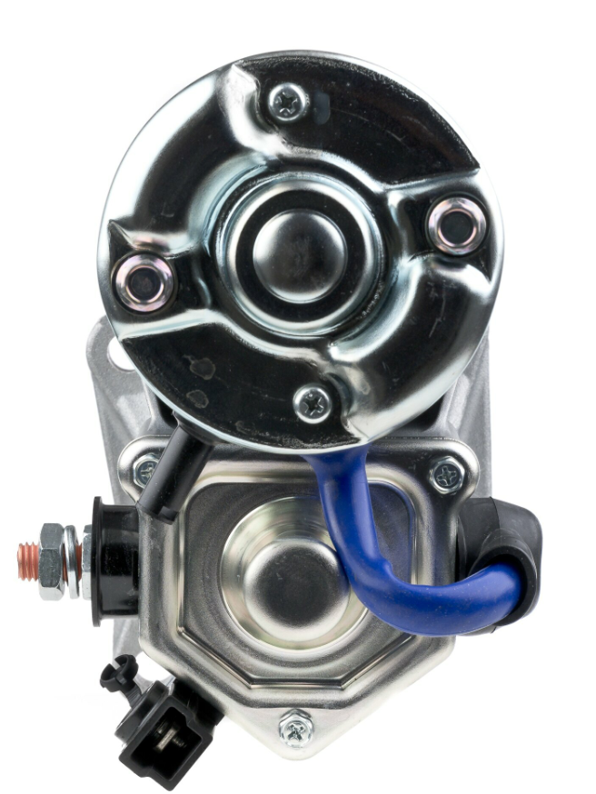 Denso starter motor, 12V 2.7kW, Caterpillar 400 series, metal housing with blue wire.