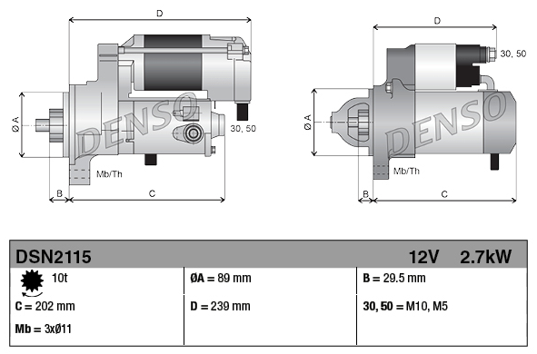 Denso starter motor, 12V 2.7kW for Caterpillar 400 series machinery