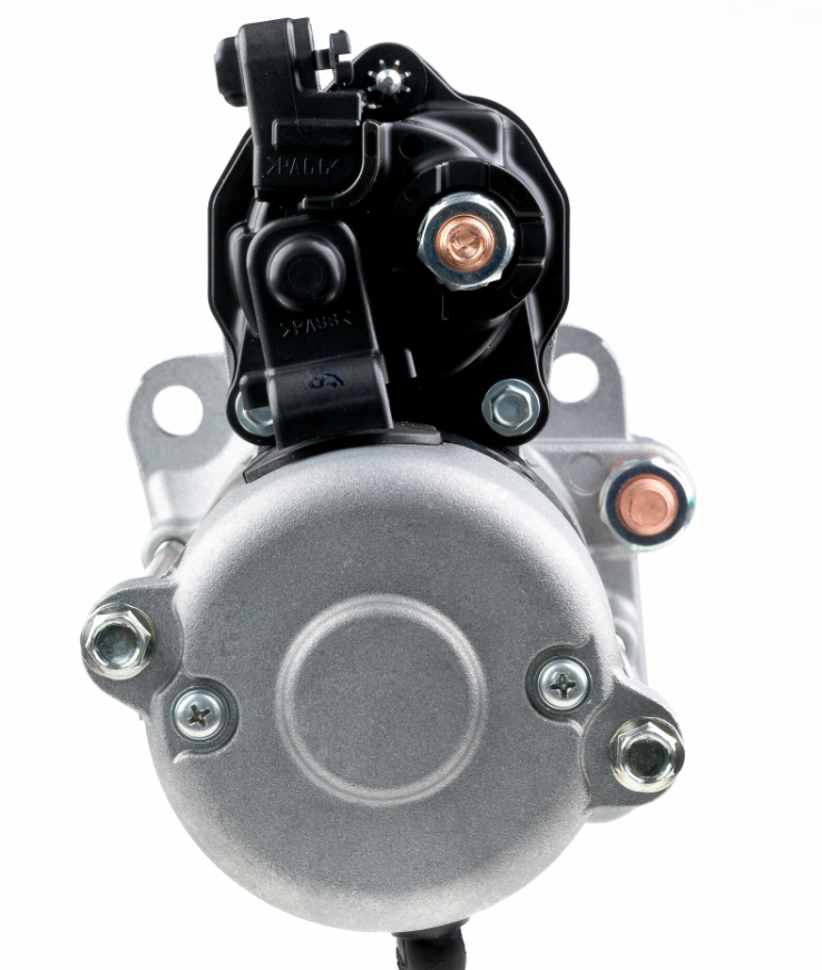 Denso starter motor, 12V 2.7kW machinery starter for John Deere 4045 engine; silver housing with black solenoid