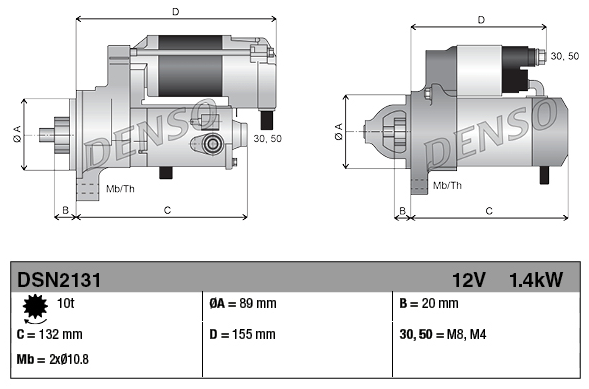 Denso starter motor, 12V 1.4kW, machinery starter for Case IH 1835C.
