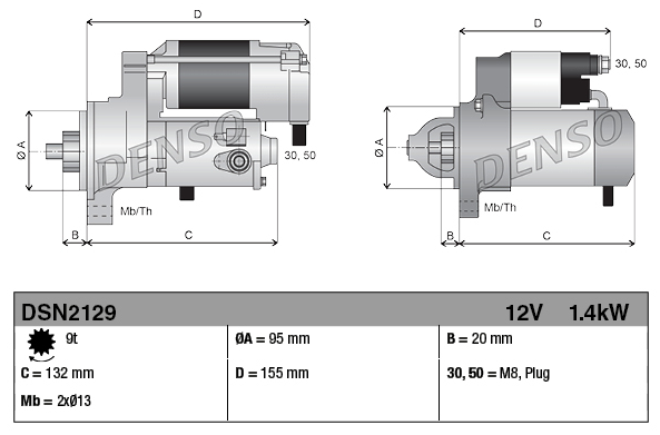 Denso 12V 1.4kW starter motor for Isuzu-powered equipment; two-view engineering drawing with dimensions