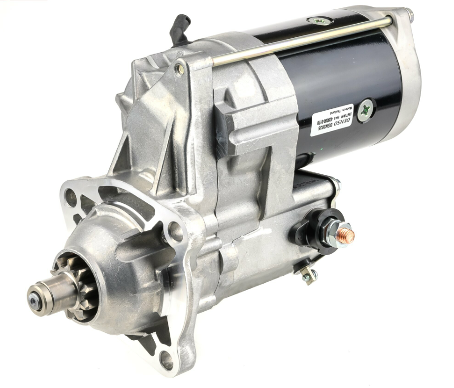Denso gear reduction starter motor, 24V, metal housing, machinery starter.
