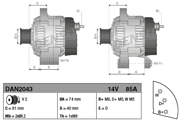 Denso alternator, 14V 85A; two units shown in a two-view diagram with mounting dimensions for Landini, McCormick, Massey Ferguson.