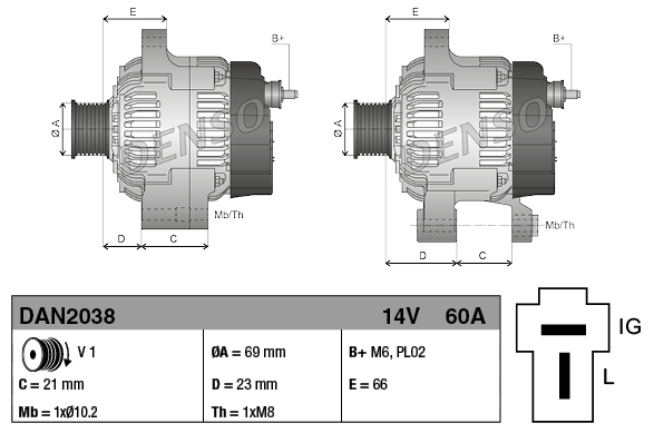 Denso machinery alternator, 14V 60A for Kubota, two units shown with mounting dimensions