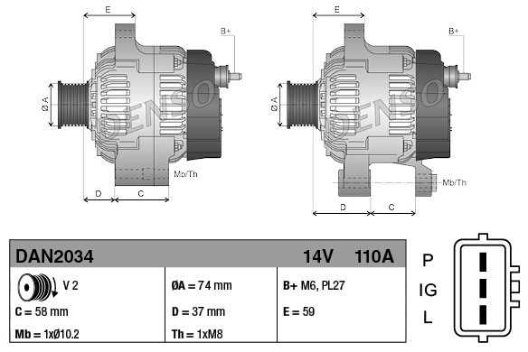 Denso 14V 110A machinery alternator, gray metal, dual views with mounting dimensions shown