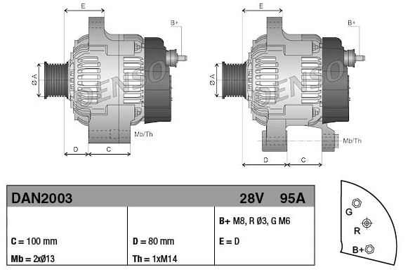 Two Denso 28V 95A machinery alternators for Caterpillar D6R/D6T, shown with mounting dimensions diagram.