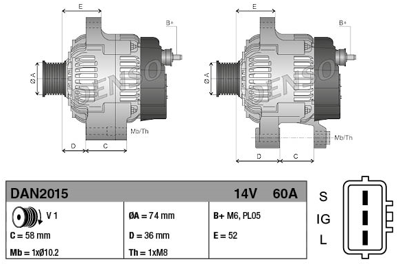 Denso alternator 14V 60A for Toyota; dual-view technical diagram showing mounting dimensions and B+ terminal