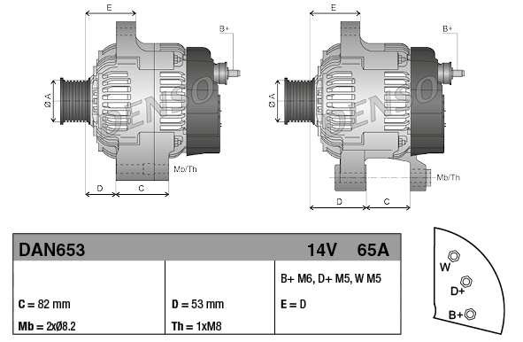 Denso 14V 65A machinery alternator for JCB 525-50 and Perkins 1004; dual diagrams with mounting dimensions (DAN653)