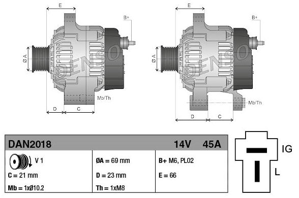 Denso two-view machinery alternator 14V 45A drawing with mounting dimensions for Kubota R520 and Schäffer 860